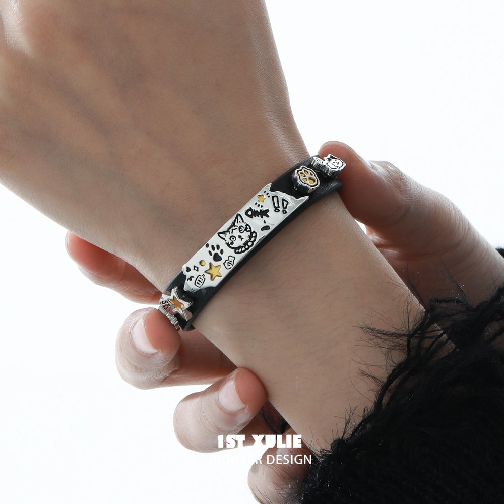 1ST XULIE "Graffiti Kitten" Playful Lazy Cat Leather Bracelet in Platinum Plated & Leather - Clasp Detail