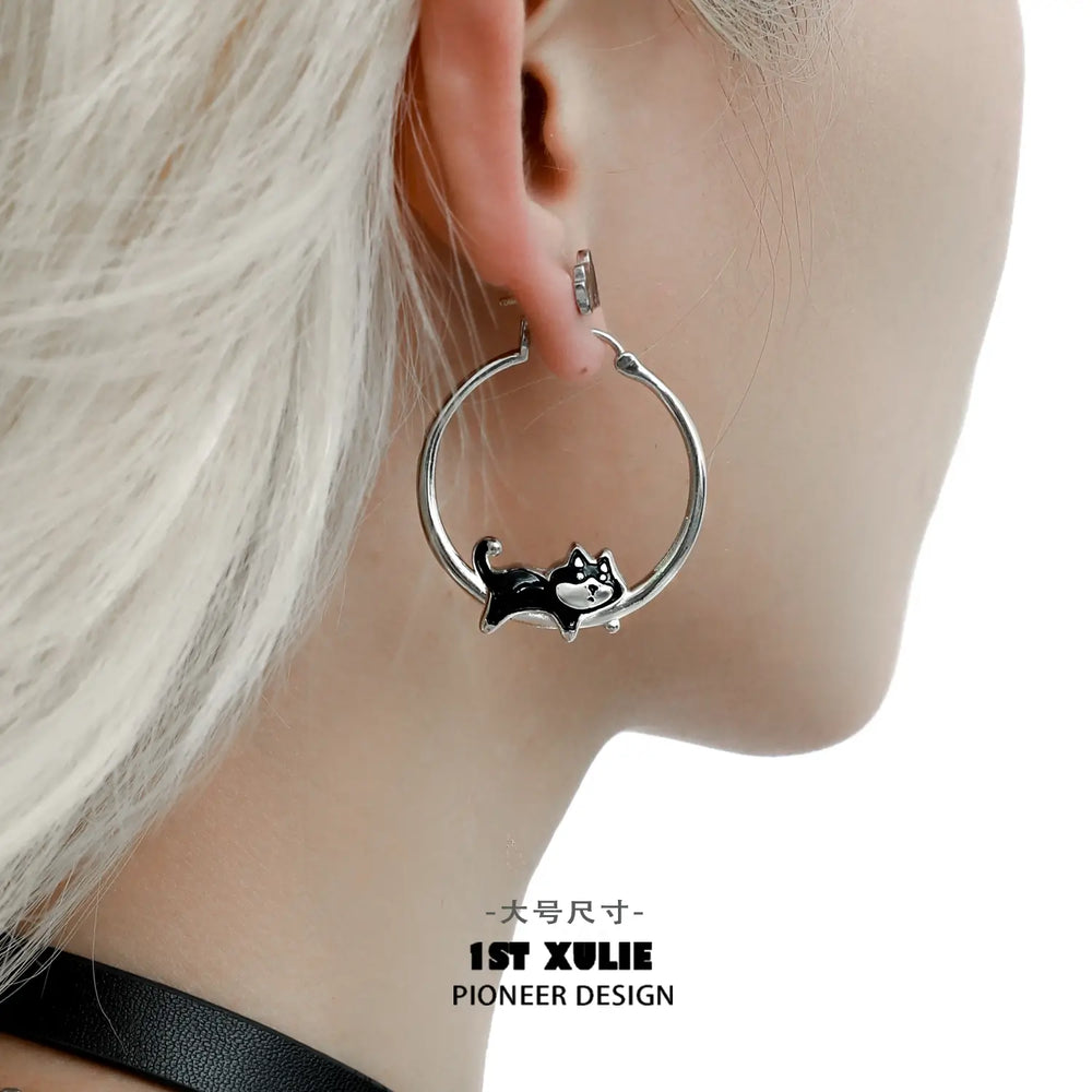 1ST XULIE "Graffiti Puppy" Playful Lazy Husky Dangle Earrings in Platinum Plated - Large Size Detail Shot