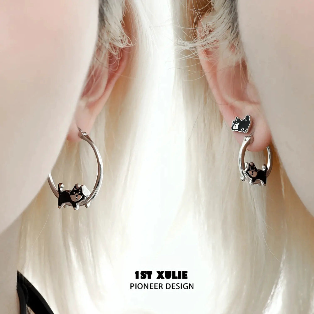 1ST XULIE "Graffiti Puppy" Playful Lazy Husky Dangle Earrings in Platinum Plated - Lifestyle Shot