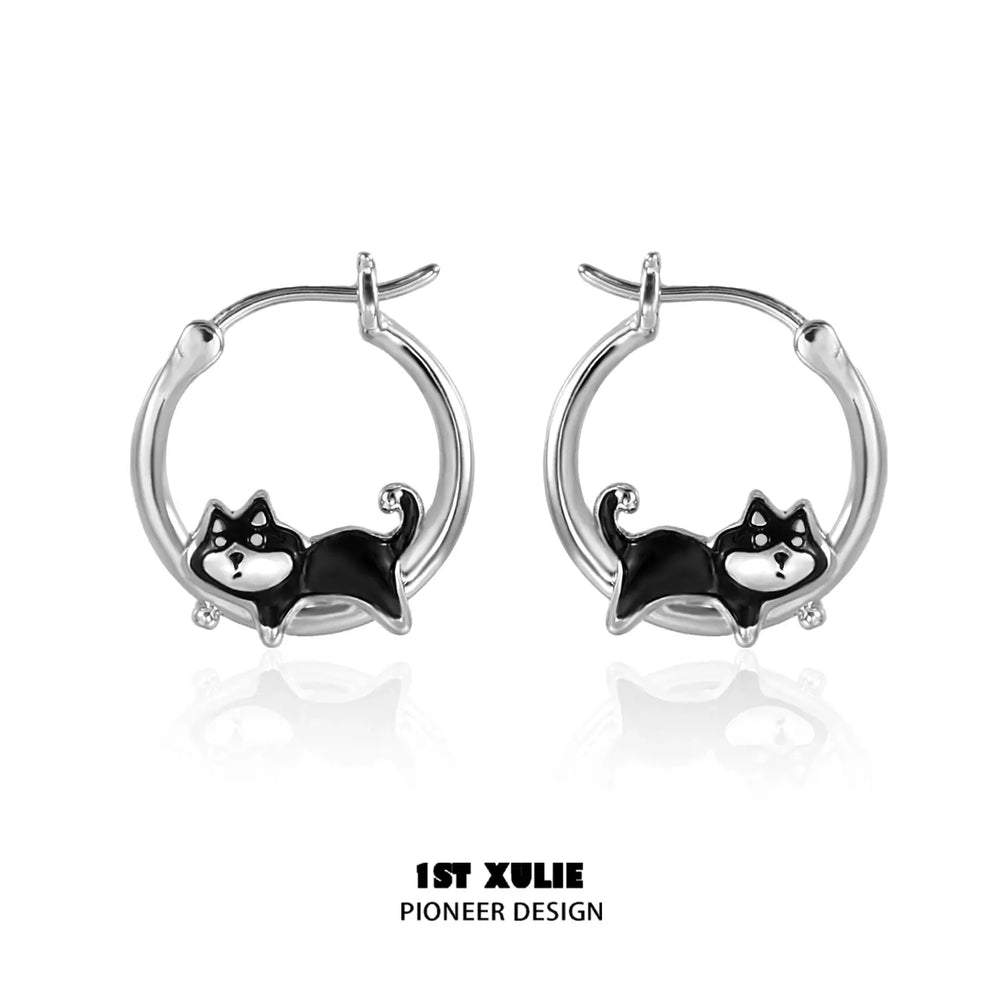 1ST XULIE "Graffiti Puppy" Playful Lazy Husky Dangle Earrings in Platinum Plated - Size Comparison