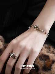 1ST XULIE Jewelry "LEOPARD CAT" Playful Leopard Cat Charm Bracelet in Platinum Plated Brass - Detail Shot