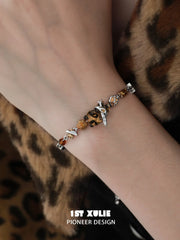 1ST XULIE Jewelry "LEOPARD CAT" Playful Leopard Cat Charm Bracelet in Platinum Plated Brass - Lifestyle Shot