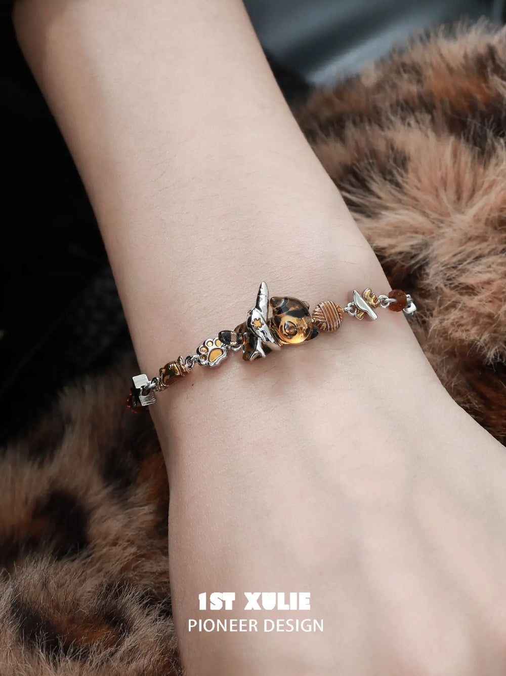 1ST XULIE Jewelry "LEOPARD CAT" Playful Leopard Cat Charm Bracelet in Platinum Plated Brass - On Model