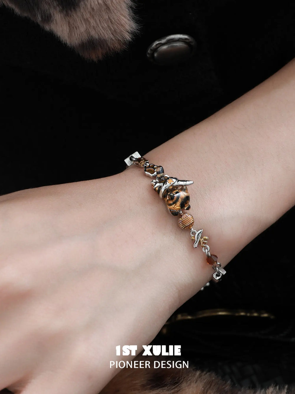 1ST XULIE Jewelry "LEOPARD CAT" Playful Leopard Cat Charm Bracelet in Platinum Plated Brass - Side View