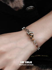 1ST XULIE Jewelry "LEOPARD CAT" Playful Leopard Cat Charm Bracelet in Platinum Plated Brass - Side View