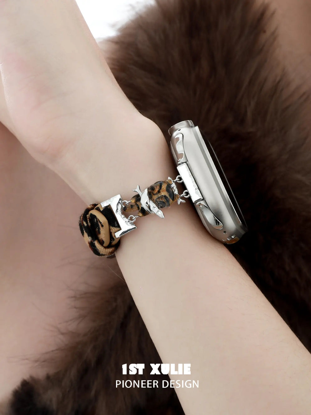 1ST XULIE Jewelry "LEOPARD CAT" Playful Leopard Cat Watch Band in Platinum Plated Brass - Lifestyle Shot