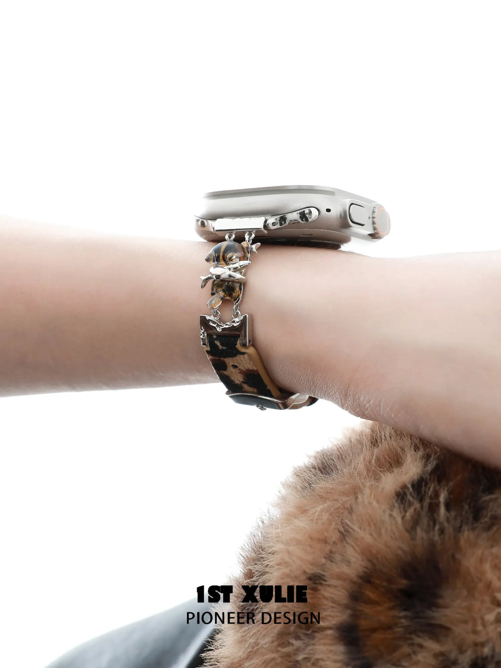 1ST XULIE Jewelry "LEOPARD CAT" Playful Leopard Cat Watch Band in Platinum Plated Brass - On Model
