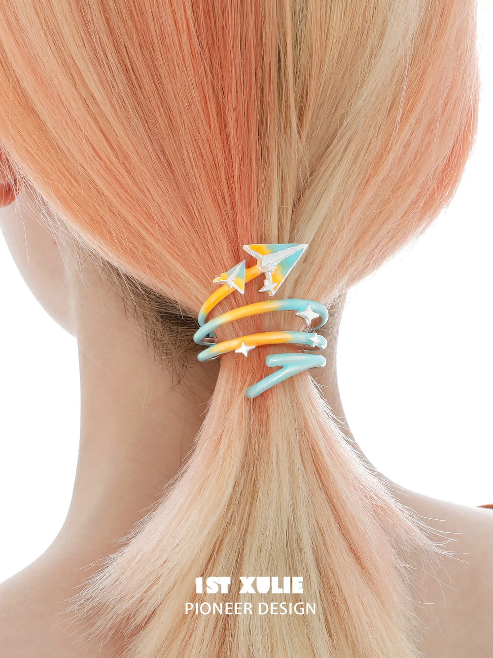 1ST XULIE "Juicy Flight" Playful Paper Airplane Spiral Hair Cuff in Platinum Plated - Detail Shot