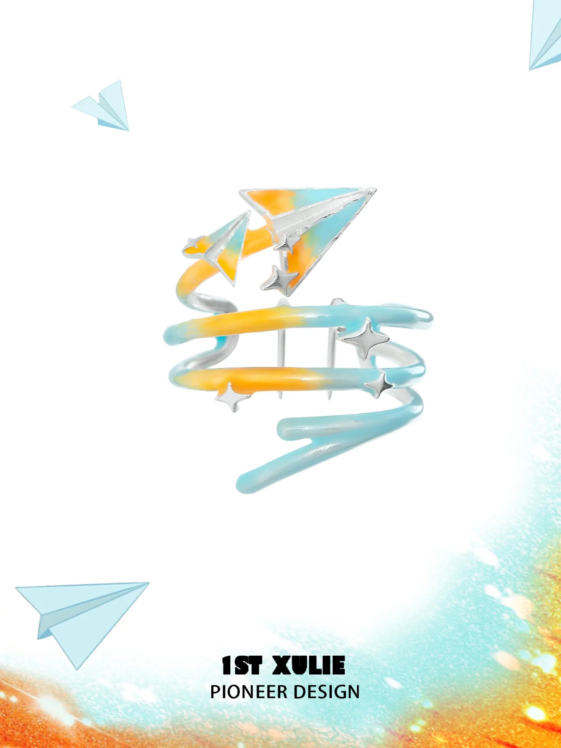 1ST XULIE "Juicy Flight" Playful Paper Airplane Spiral Hair Cuff in Platinum Plated - Product View 1ST XULIE "Juicy Flight" Playful Paper Airplane Spiral Hair Cuff in Platinum Plated - Product View