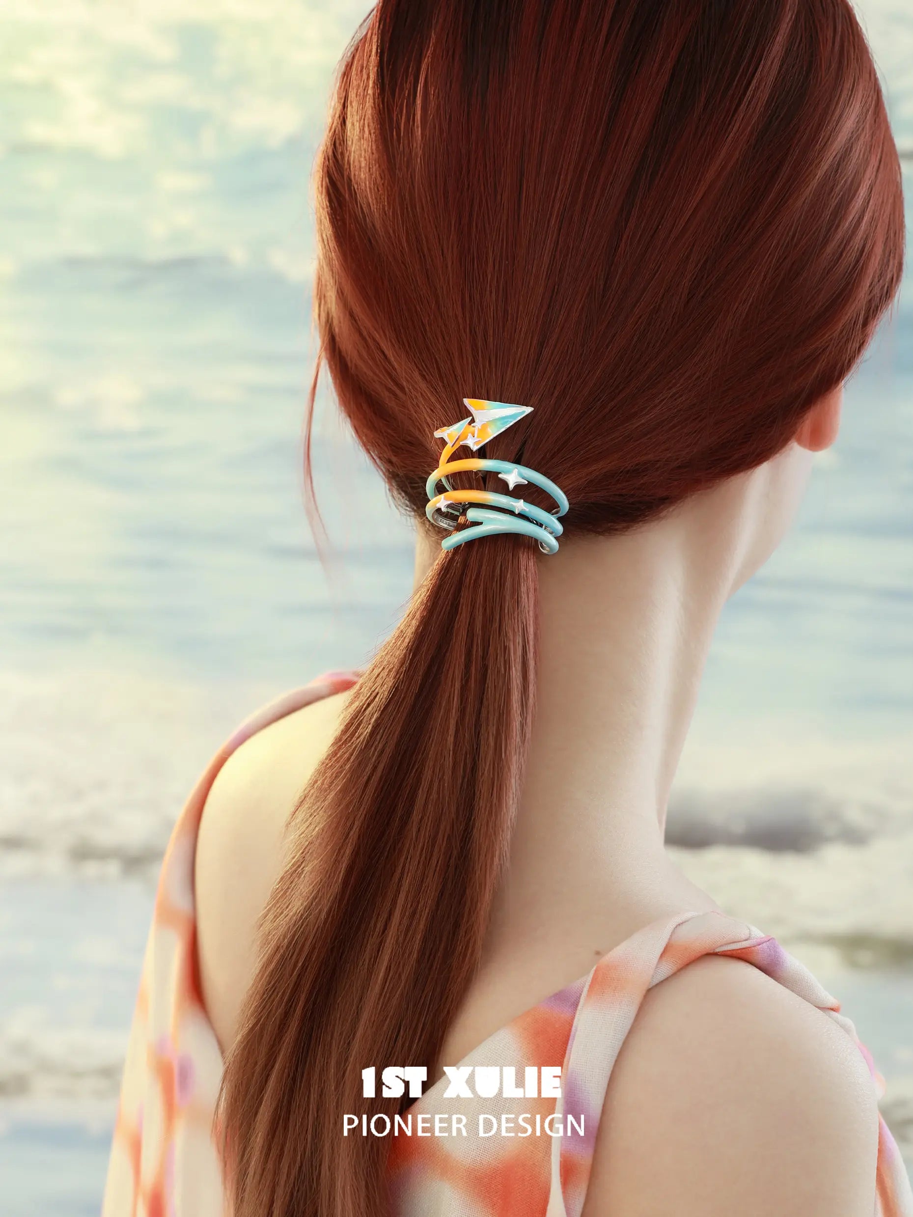 1ST XULIE "Juicy Flight" Playful Paper Airplane Spiral Hair Cuff in Platinum Plated - On Model Close Up 1ST XULIE "Juicy Flight" Playful Paper Airplane Spiral Hair Cuff in Platinum Plated - On Model Close Up