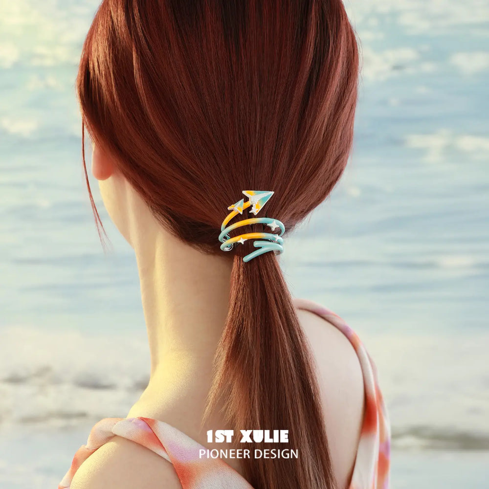 1ST XULIE "Juicy Flight" Playful Paper Airplane Spiral Hair Cuff in Platinum Plated - Side View