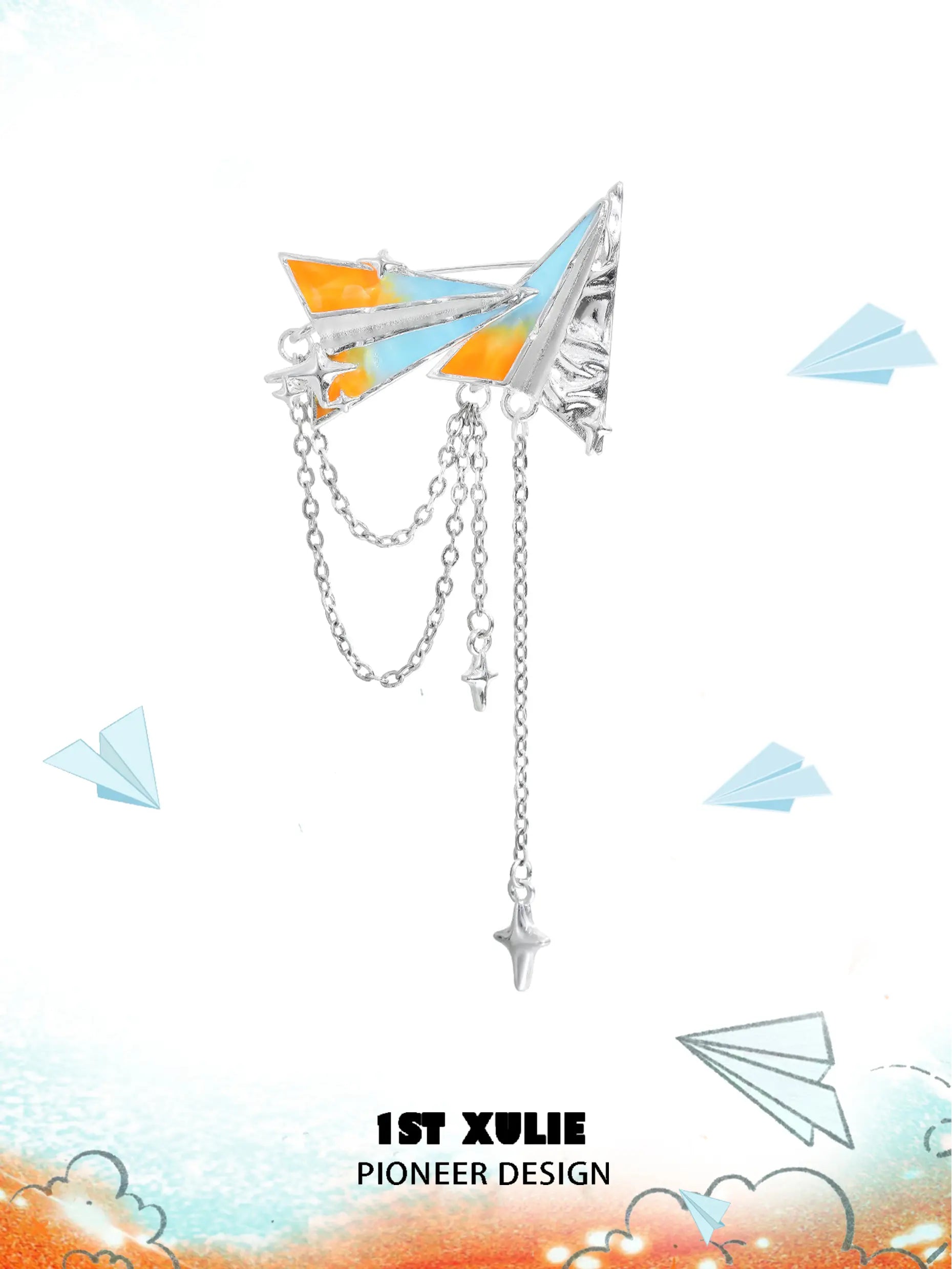 1ST XULIE "Juicy Flight" Playful Paper Plane Chain Brooch in Platinum Plated Brass - Product View 1ST XULIE "Juicy Flight" Playful Paper Plane Chain Brooch in Platinum Plated Brass - Product View