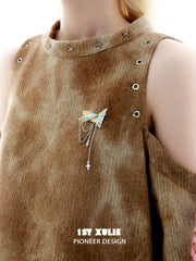 1ST XULIE "Juicy Flight" Playful Paper Plane Chain Brooch in Platinum Plated Brass - Side View