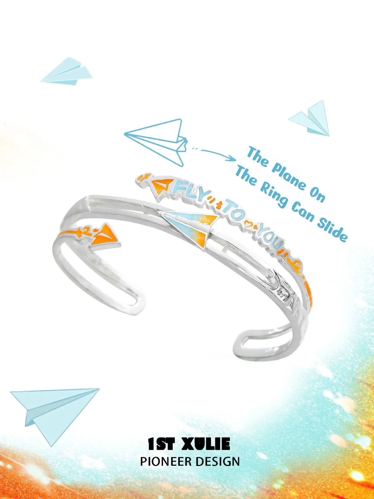 1ST XULIE Jewelry "Juicy Flight" Playful Paper Plane Cuff Bracelet in Platinum Plated Brass - Product View