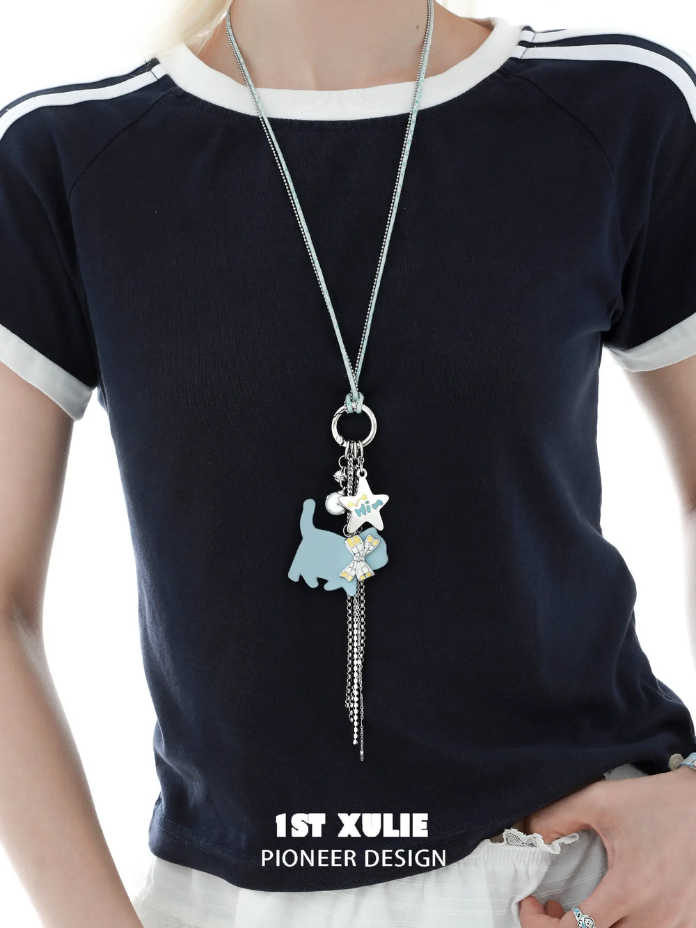 1ST XULIE "Angel Cuties" Playful Puppy Pendant Necklace in Platinum Plated Brass - Texture Shot