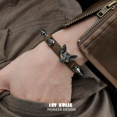 1ST XULIE "Cat's Gaze" Punk Sphinx Cat Studded Leather Bracelet in Cowhide and Alloy - Product View