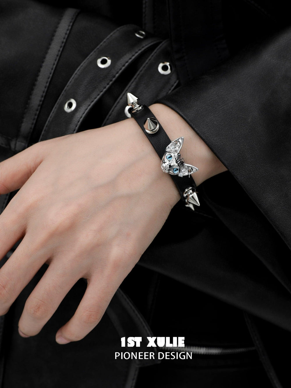 1ST XULIE "Cat's Gaze" Punk Sphinx Cat Studded Leather Bracelet in Cowhide and Alloy - On Model