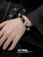 1ST XULIE "Cat's Gaze" Punk Sphinx Cat Studded Leather Bracelet in Cowhide and Alloy - On Model