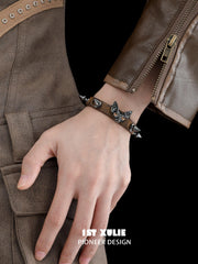 1ST XULIE "Cat's Gaze" Punk Sphinx Cat Studded Leather Bracelet in Cowhide and Alloy - On Model Close-up