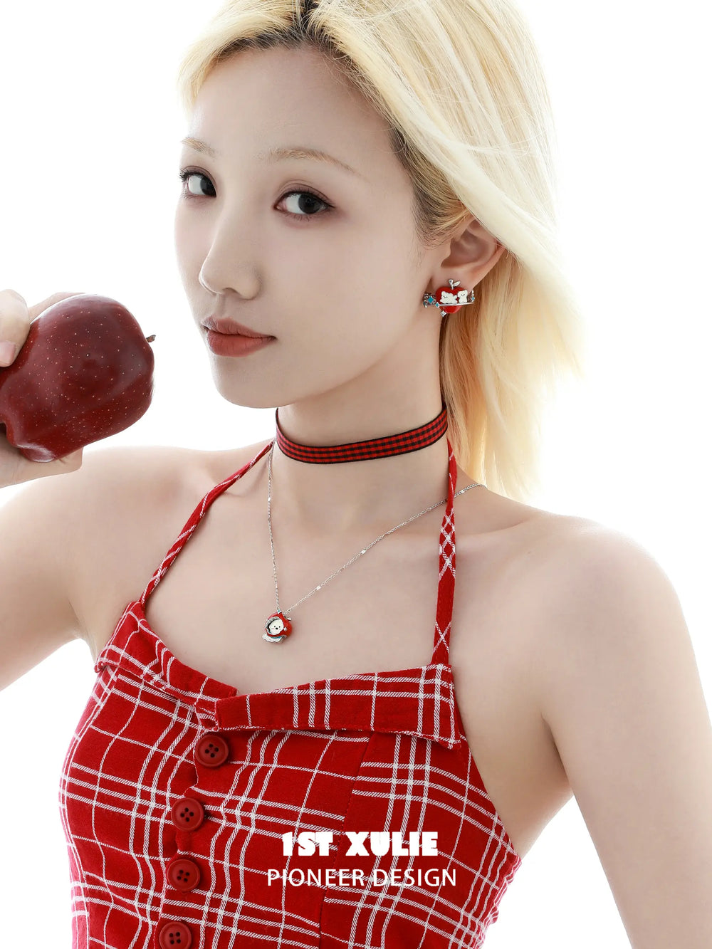 1ST XULIE "Cuties' Appleland" Puppy & Fruit Charm Necklace in Platinum Plated - Clasp Detail