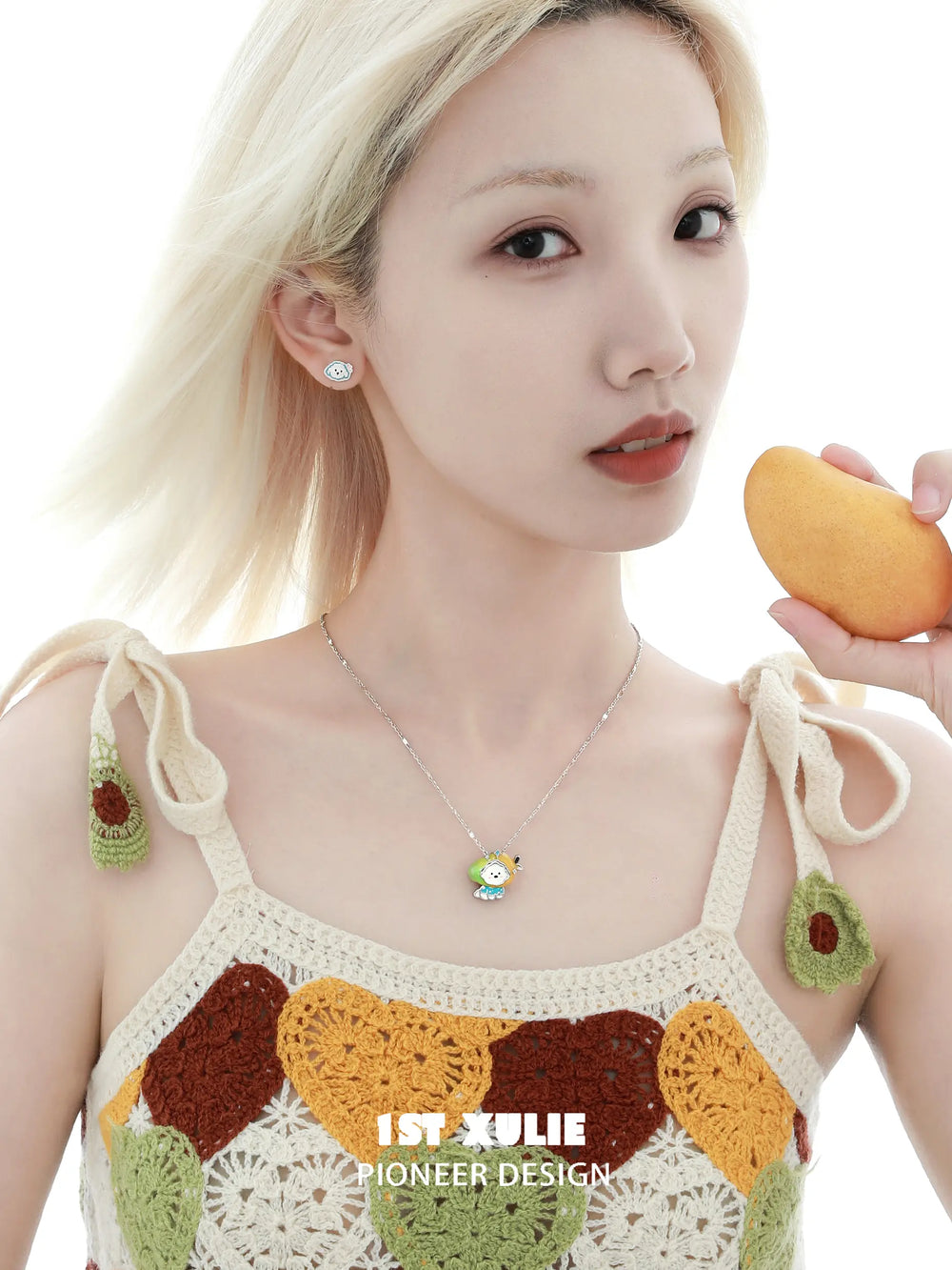 1ST XULIE "Cuties' Appleland" Puppy & Fruit Charm Necklace in Platinum Plated - On Model Close-Up