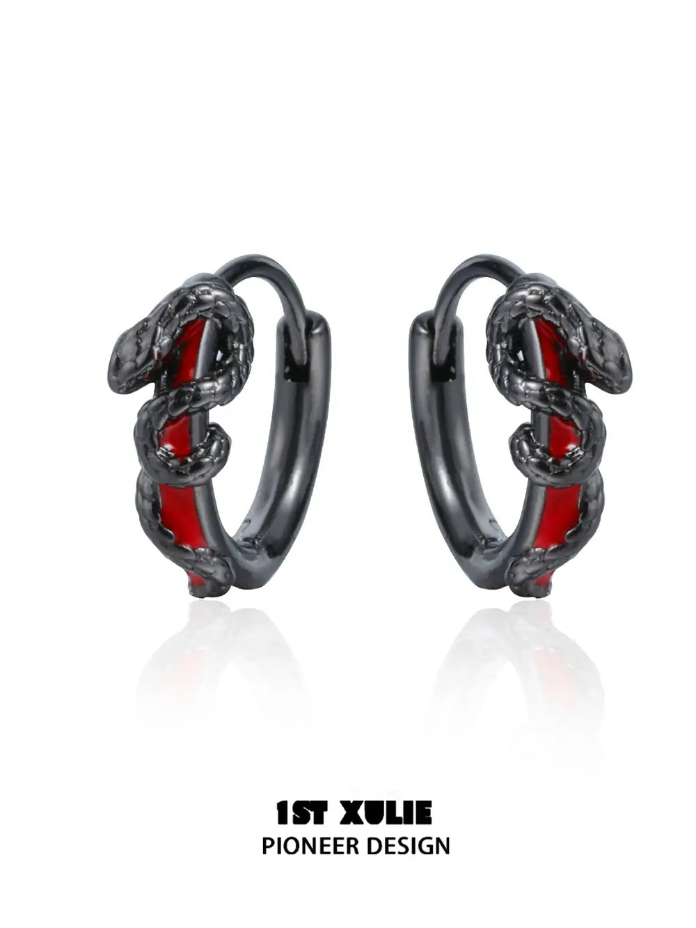 1ST XULIE "Forbidden Love" Asymmetrical Red Crystal Snake Earrings & Cuff Set in 18K Black Gold Plated - Side View