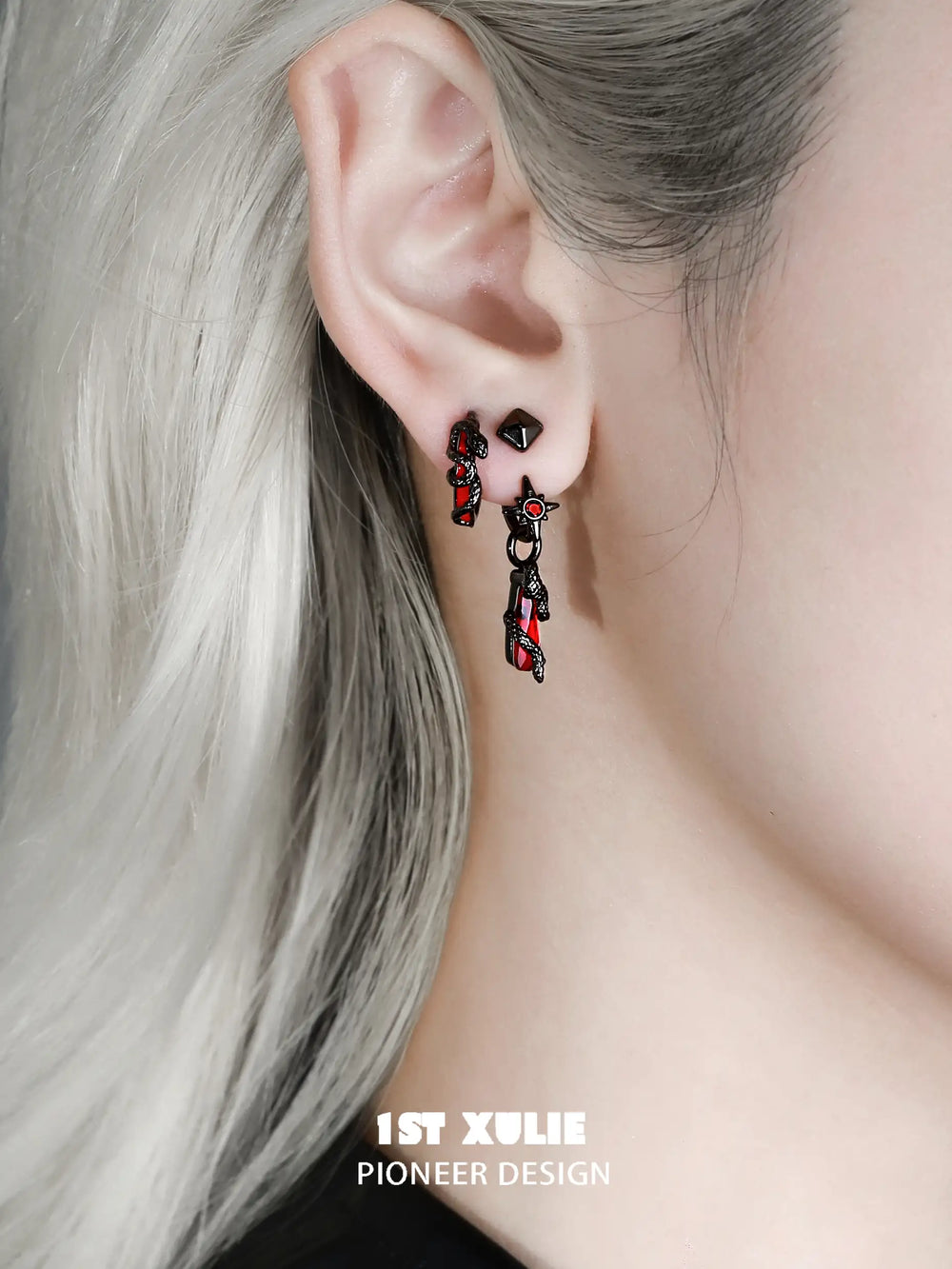 1ST XULIE "Forbidden Love" Asymmetrical Red Crystal Snake Earrings & Cuff Set in 18K Black Gold Plated - Angled Product View