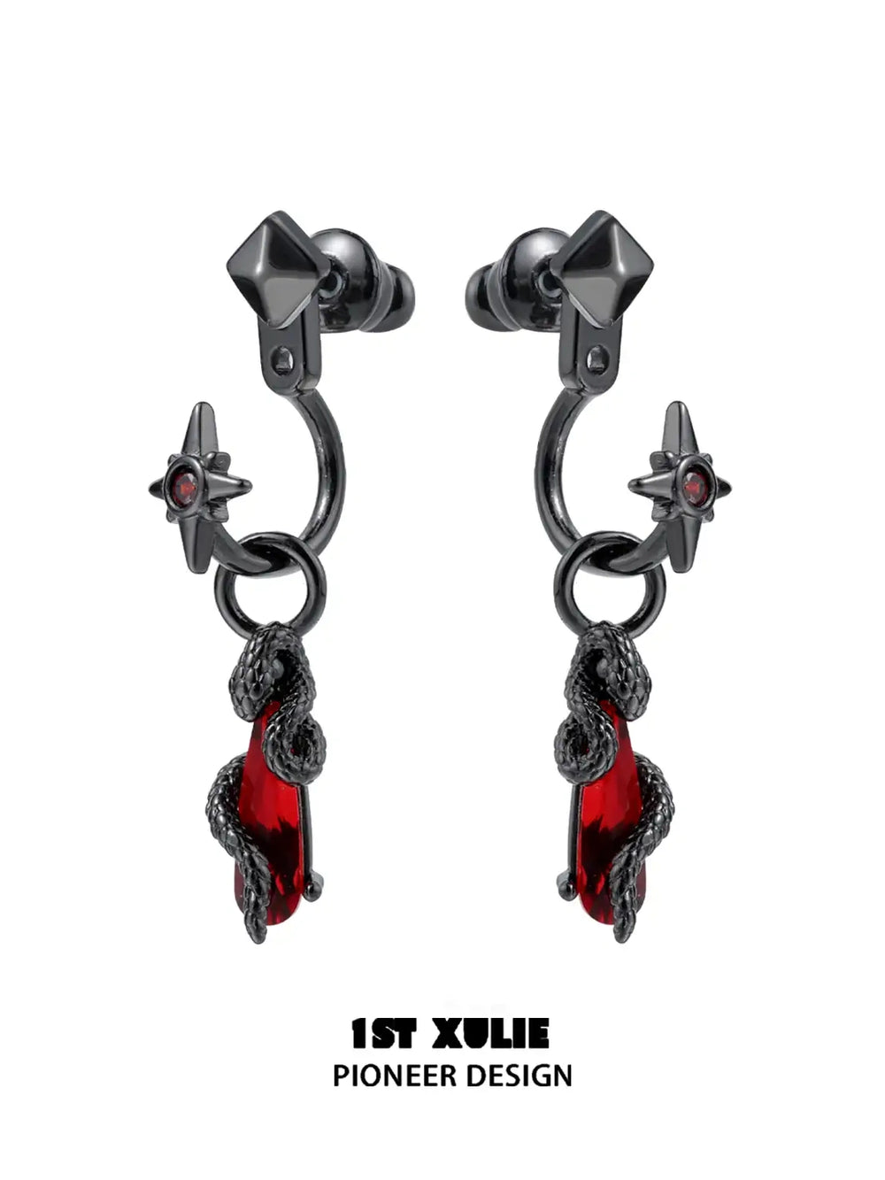 1ST XULIE "Forbidden Love" Asymmetrical Red Crystal Snake Earrings & Cuff Set in 18K Black Gold Plated - Detail Shot