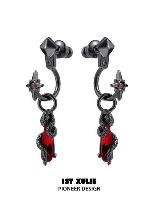 1ST XULIE "Forbidden Love" Asymmetrical Red Crystal Snake Earrings & Cuff Set in 18K Black Gold Plated - Detail Shot