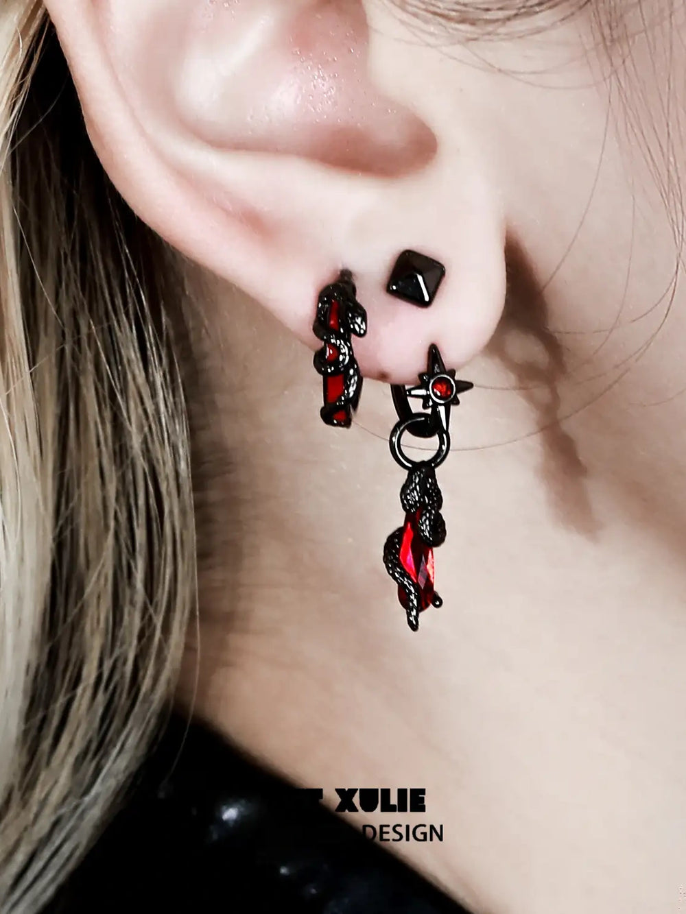 1ST XULIE "Forbidden Love" Asymmetrical Red Crystal Snake Earrings & Cuff Set in 18K Black Gold Plated - Product View
