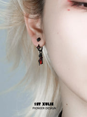 1ST XULIE "Forbidden Love" Asymmetrical Red Crystal Snake Earrings & Cuff Set in 18K Black Gold Plated - On Model Close-Up