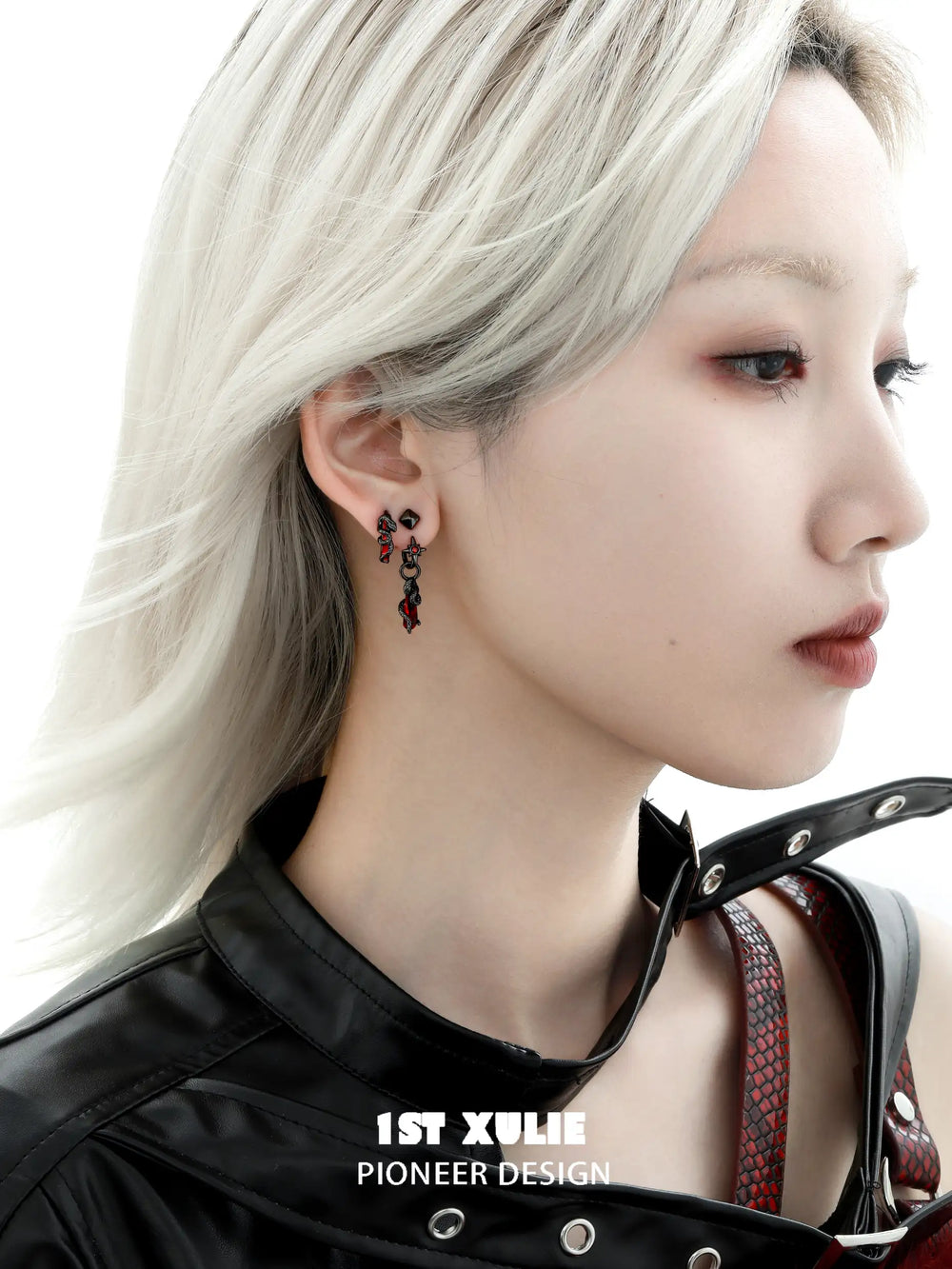 1ST XULIE "Forbidden Love" Asymmetrical Red Crystal Snake Earrings & Cuff Set in 18K Black Gold Plated - Packaging View
