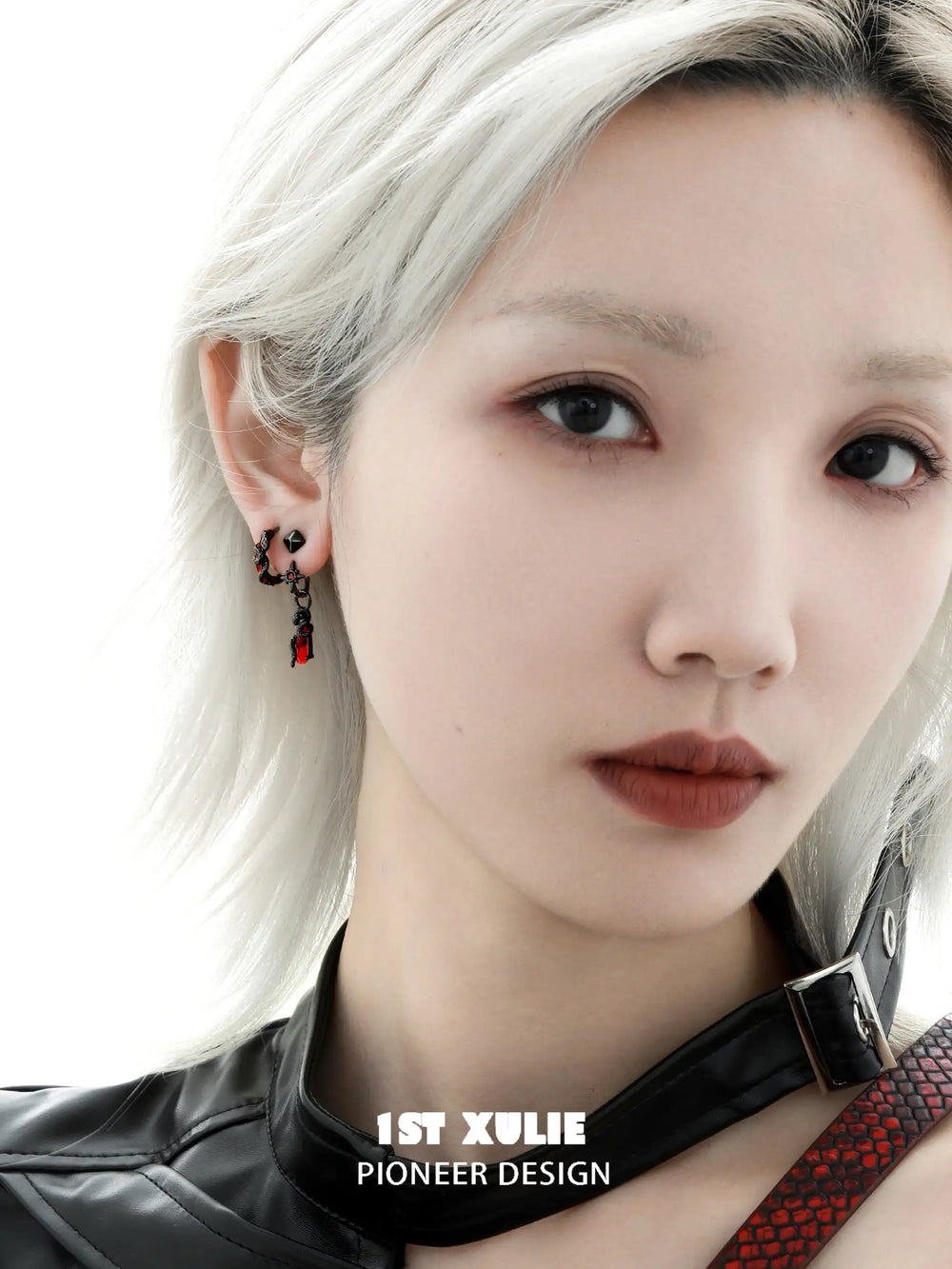 1ST XULIE "Forbidden Love" Asymmetrical Red Crystal Snake Earrings & Cuff Set in 18K Black Gold Plated - Product View