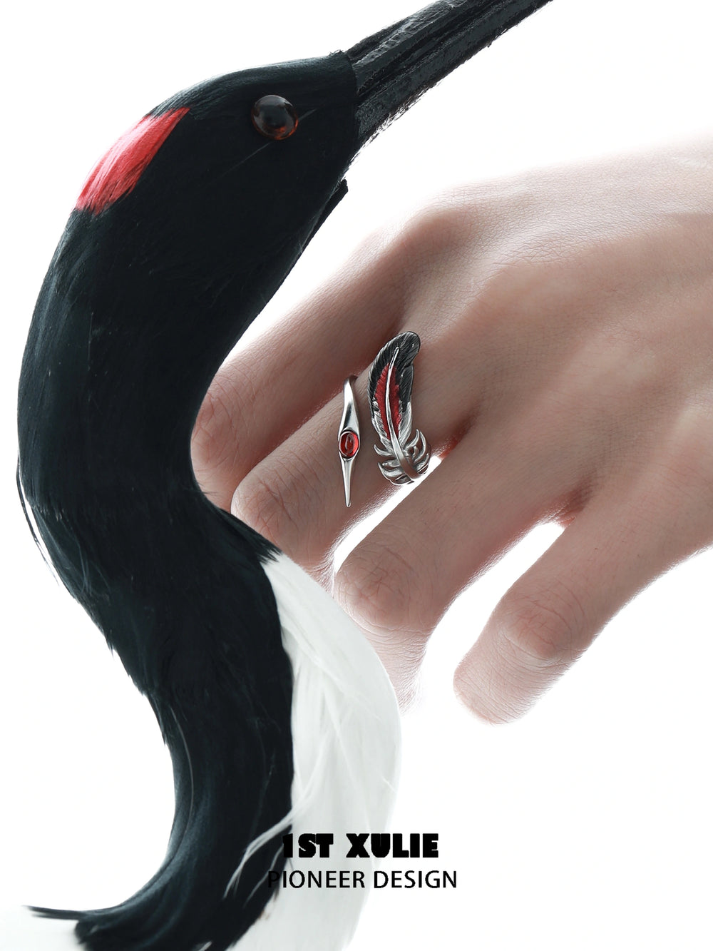 1ST XULIE "Soaring Cranes" Red Feather Crane Statement Open Ring in 925 Sterling Silver - Detail Shot