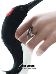 1ST XULIE "Soaring Cranes" Red Feather Crane Statement Open Ring in 925 Sterling Silver - Detail Shot