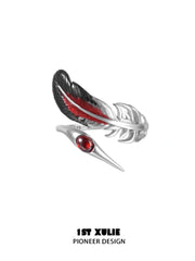 1ST XULIE "Soaring Cranes" Red Feather Crane Statement Open Ring in 925 Sterling Silver - Product View
