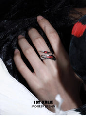 1ST XULIE "Soaring Cranes" Red Feather Crane Statement Open Ring in 925 Sterling Silver - On Model