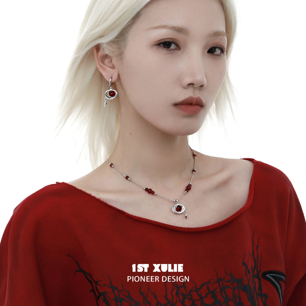 1ST XULIE "Red Nebula" Celestial Statement Choker Necklace in Platinum Plated Brass - Side View