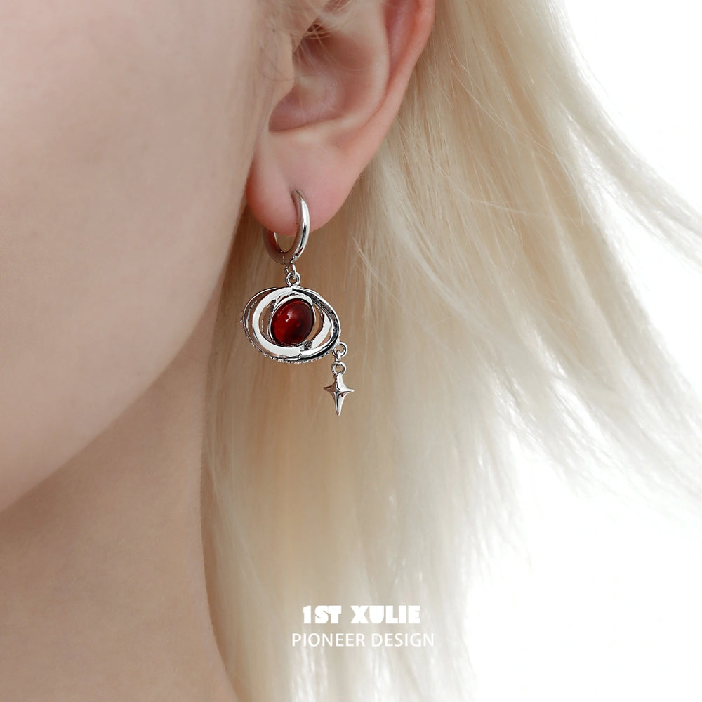 1ST XULIE "Red Nebula" Statement Dangle Earrings in Platinum Plated Brass - On Model Close-up