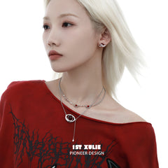 1ST XULIE "Red Nebula" Bohemian Statement Double Layer Tassel Choker Necklace in Platinum Plated - Detail Shot