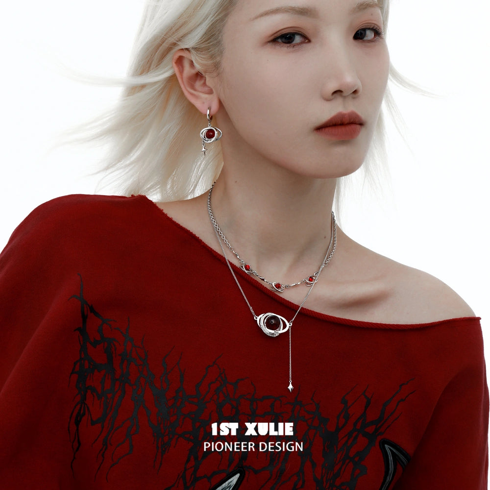 1ST XULIE "Red Nebula" Bohemian Statement Double Layer Tassel Choker Necklace in Platinum Plated - Lifestyle Shot