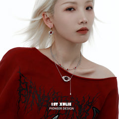 1ST XULIE "Red Nebula" Bohemian Statement Double Layer Tassel Choker Necklace in Platinum Plated - Lifestyle Shot