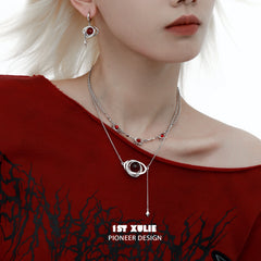 1ST XULIE "Red Nebula" Bohemian Statement Double Layer Tassel Choker Necklace in Platinum Plated - Product View