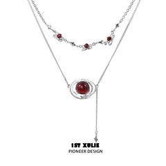 1ST XULIE "Red Nebula" Bohemian Statement Double Layer Tassel Choker Necklace in Platinum Plated - On Model
