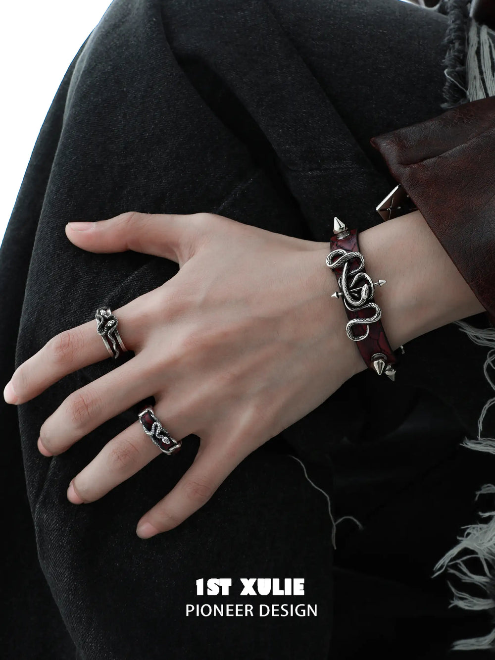 1ST XULIE "Snake Bite" Rivet Leather Cuff Bracelet in Platinum Plated - Angled View