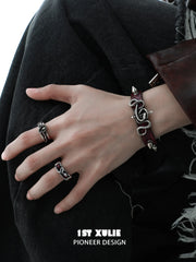 1ST XULIE "Snake Bite" Rivet Leather Cuff Bracelet in Platinum Plated - Angled View