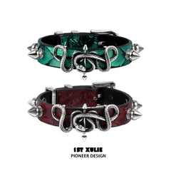 1ST XULIE "Snake Bite" Rivet Leather Cuff Bracelet in Platinum Plated - Detail Shot