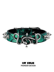 1ST XULIE "Snake Bite" Rivet Leather Cuff Bracelet in Platinum Plated - Lifestyle Shot