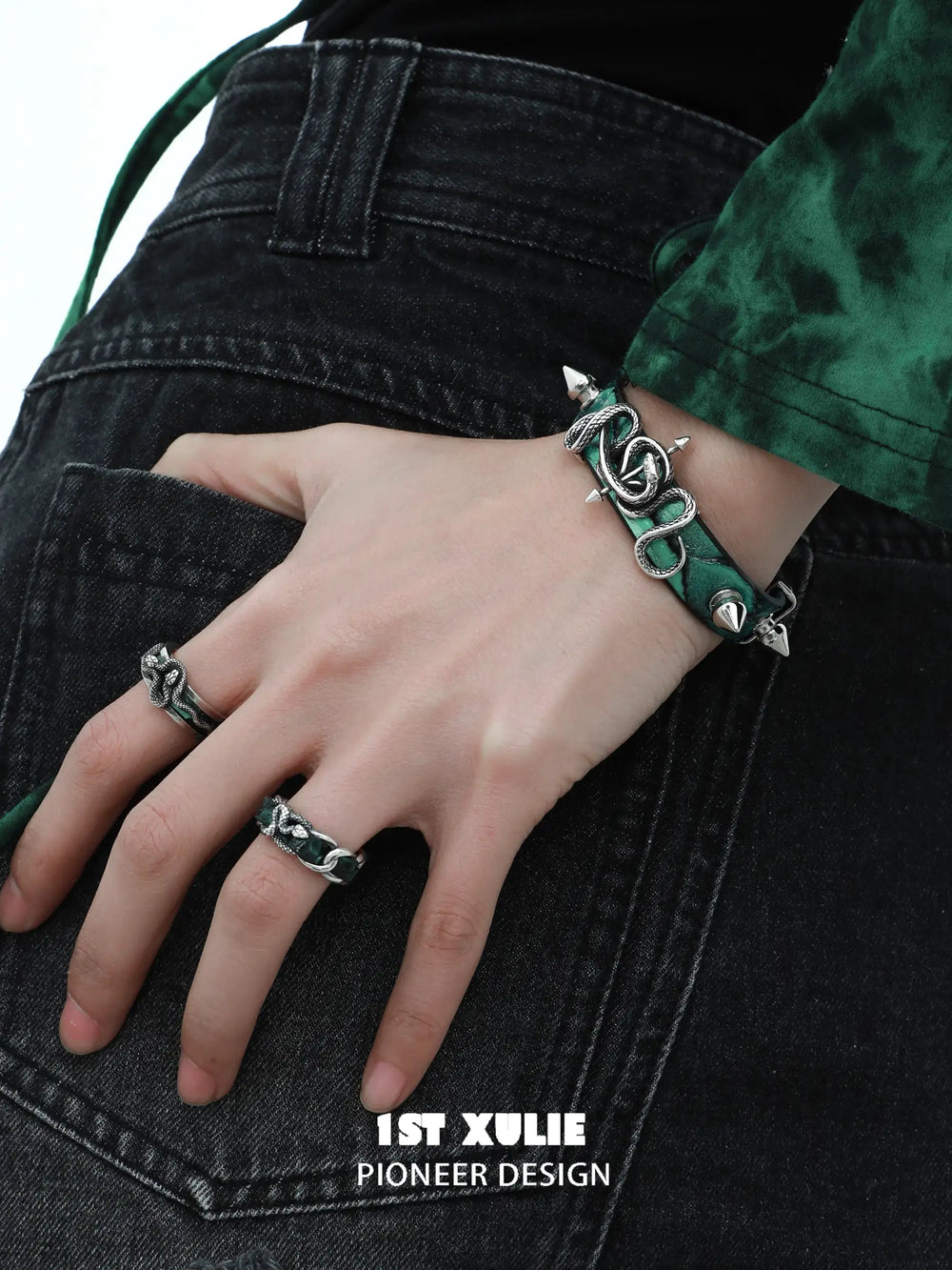 1ST XULIE "Snake Bite" Rivet Leather Cuff Bracelet in Platinum Plated - Product View
