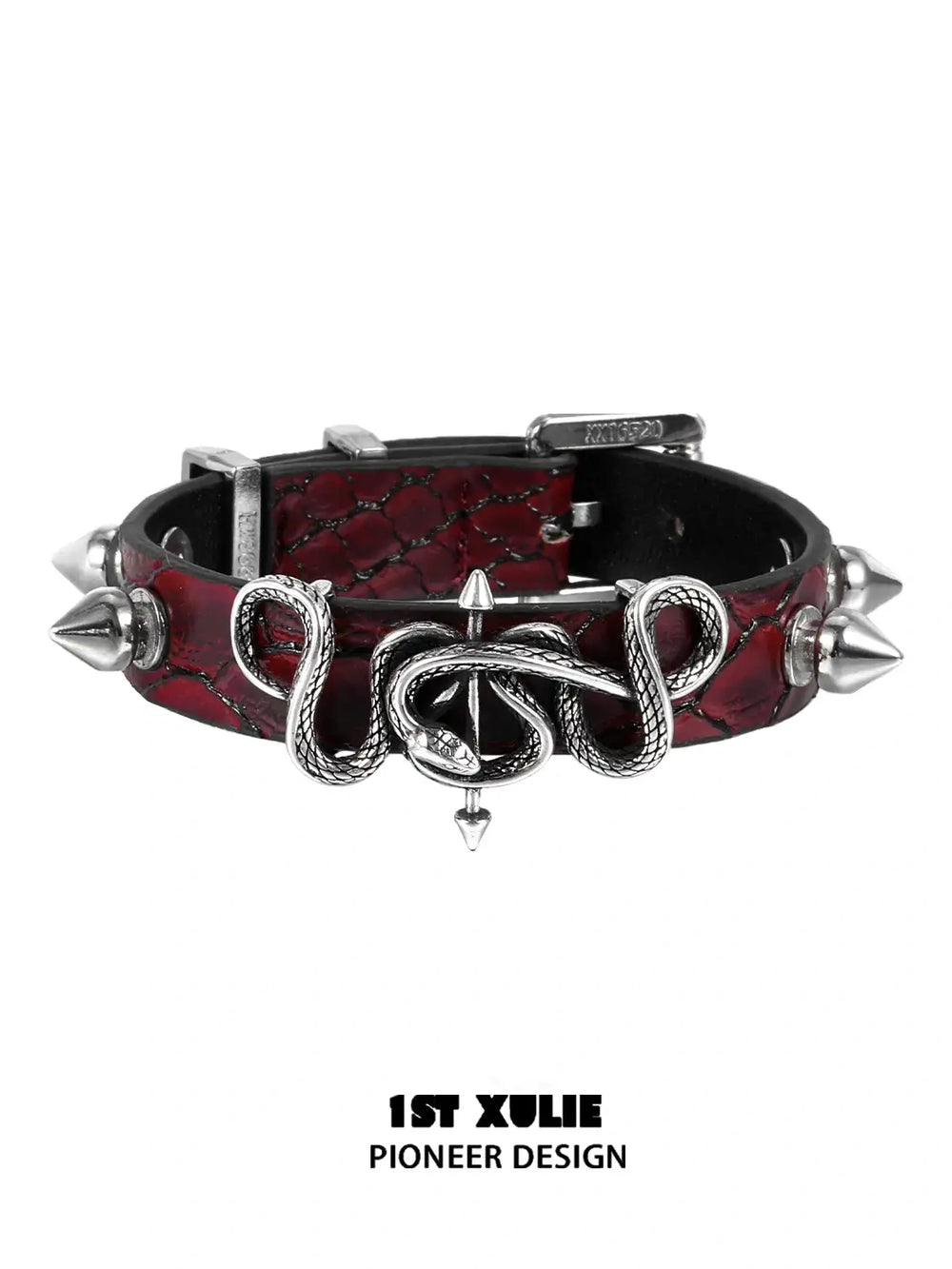 1ST XULIE "Snake Bite" Rivet Leather Cuff Bracelet in Platinum Plated - Side View